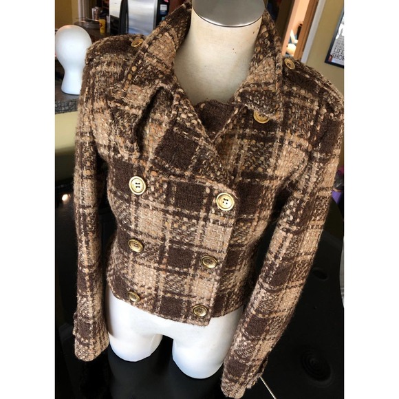 RARE Vtg Dolce & Gabbana Cropped Brown Plaid Double Breasted Chunky Tweed Jacket - Picture 4 of 12